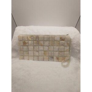 Elegant Mother of Pearl Beaded Satin Clutch Purse with Zipper & Wrist Strap